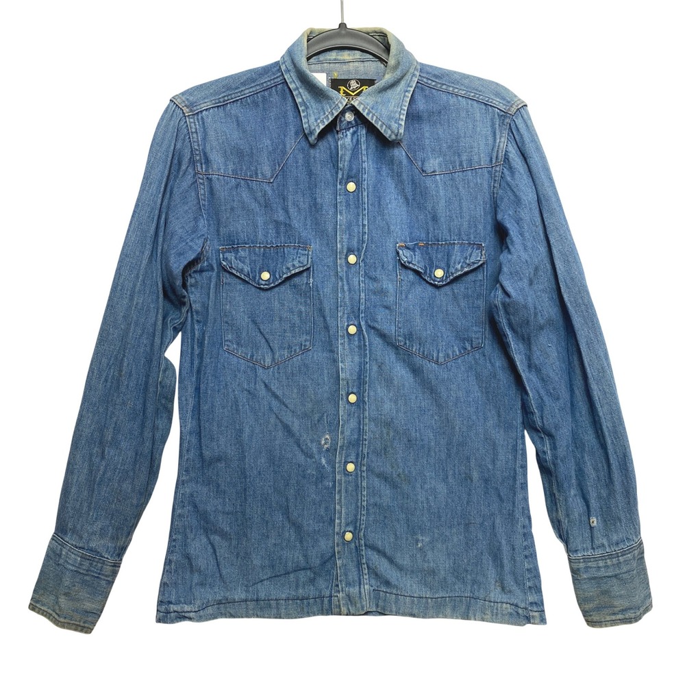 Maverick Denim Western Shirt Mens Medium Blue Pearl Snap Vintage 70s USA Made